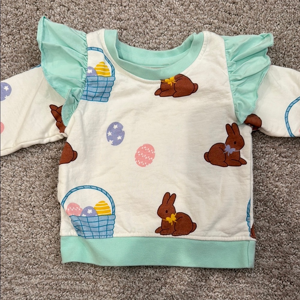 Baby Monica and Andy Bunny Print Sweatshirt with Ruffle - Mint and White Easter